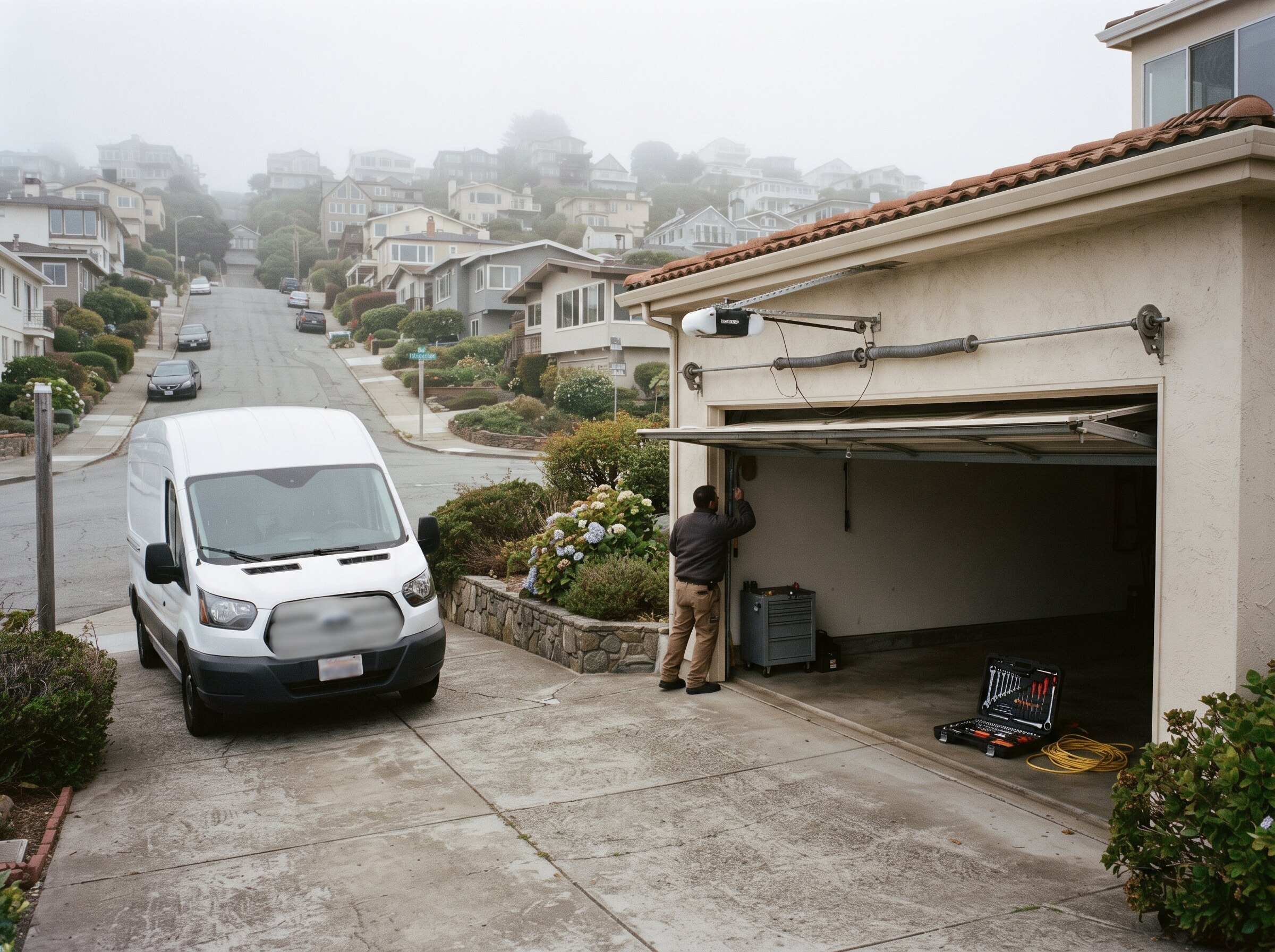 San Bruno Garage Door technician van and open garage door on a Peninsula driveway