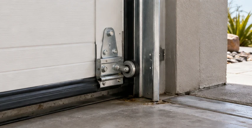Garage door bottom seal, side track, and roller hardware at a residential garage opening.